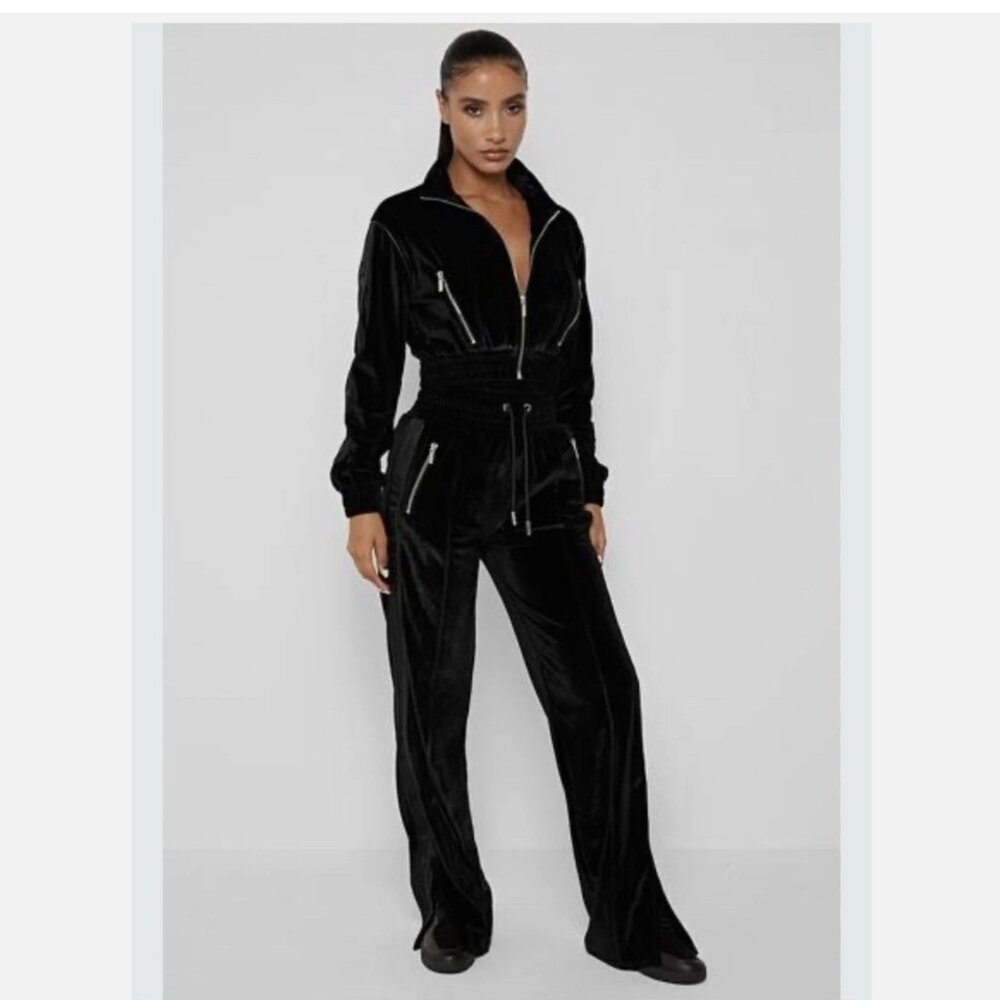 Maniere de Voir Women's Brown Velour Velvet Tracksuit Crop Jacket Pants Set 2pc